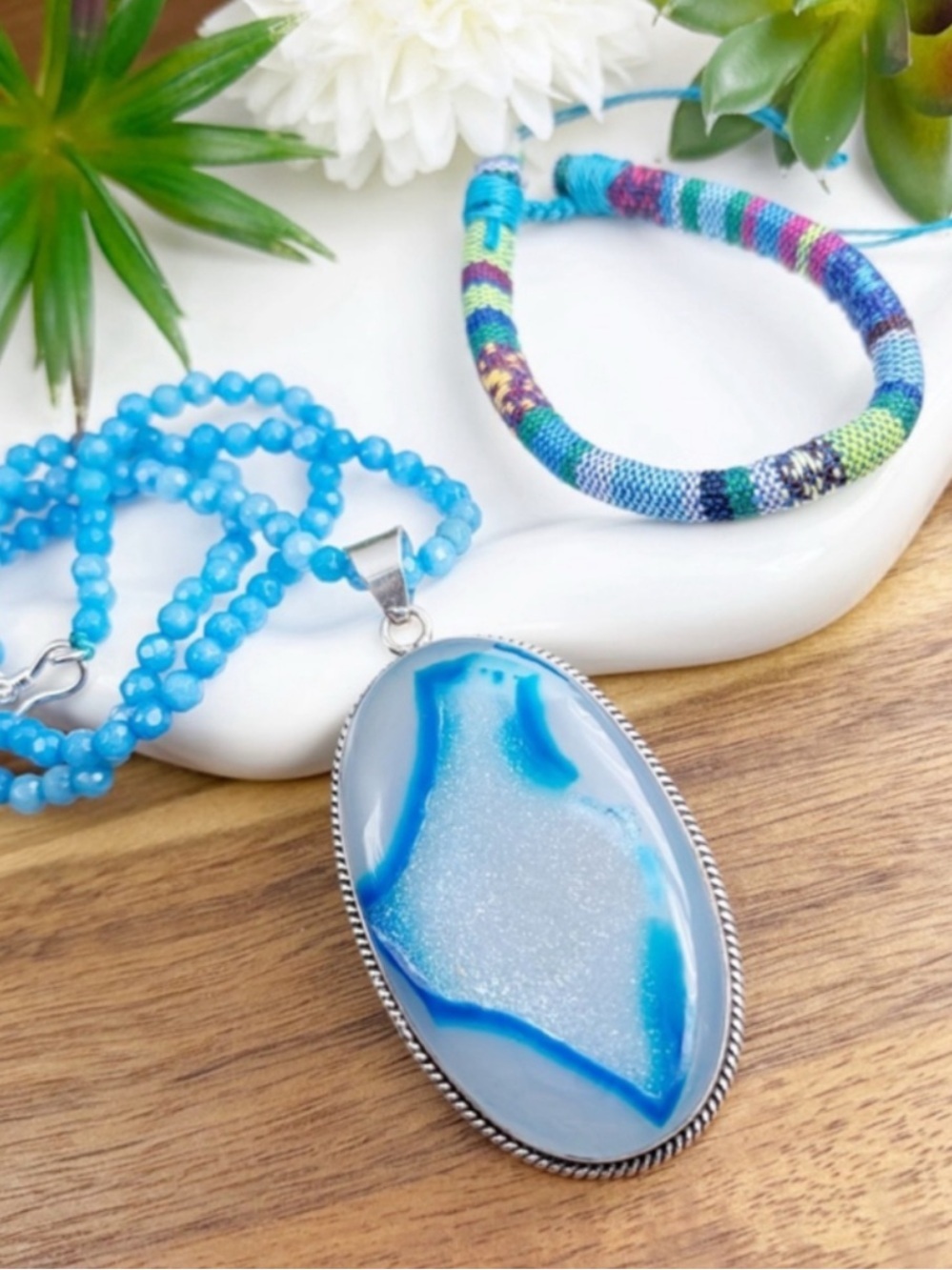 Sterling Silver 925 Blue Agate Druzy Pendant Necklace Jewelry Set Southwest